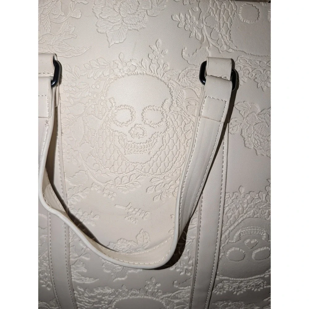 Betsey Johnson Cream Embossed Skull Floral Tote Bag Black Studded Crossbody Tote
